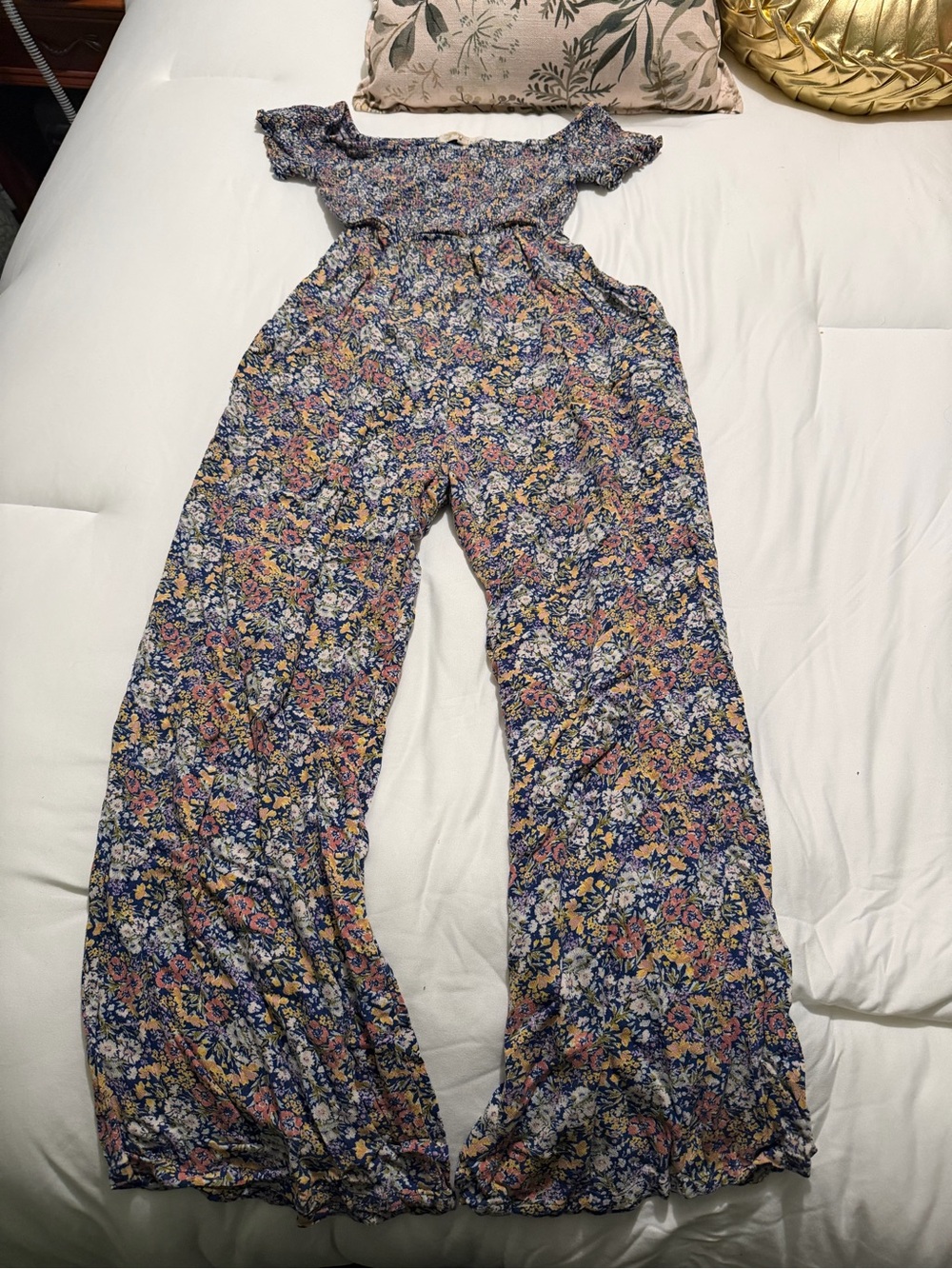 Rewind Floral Off-Shoulder Wide-Leg Jumpsuit in Navy Multicolor